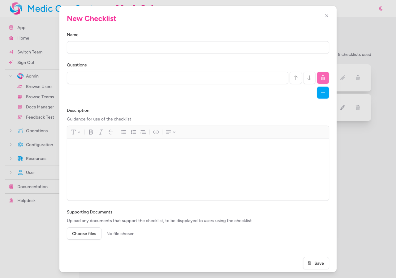Screenshot: The New Checklist modal, showing the Name field and Questions section