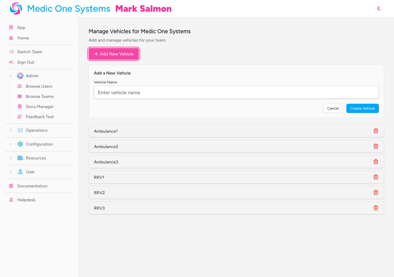 Screenshot: The 'Add a New Vehicle' form panel open, showing the Vehicle Name input field and the Cancel and Create Vehicle buttons