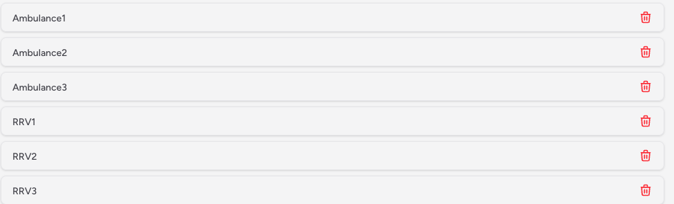 Screenshot: The vehicle list showing several vehicle entries, each as a card with the vehicle name on the left and a red delete icon on the right