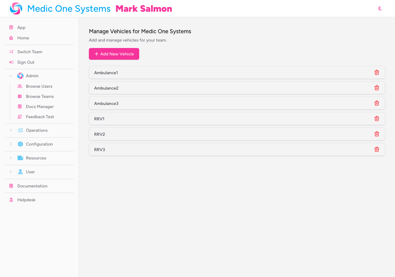 Screenshot: The Vehicles page showing the 'Add New Vehicle' button and a list of existing vehicles, each with a delete button on the right