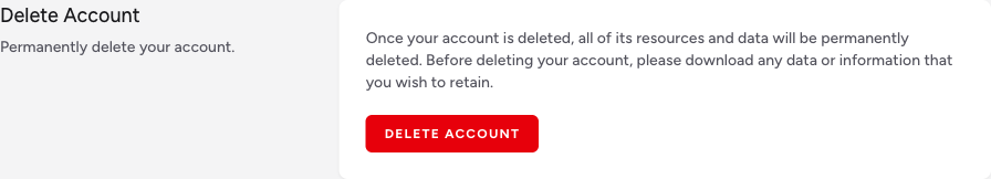 Screenshot: The Delete Account section showing the warning message and the red "Delete Account" button