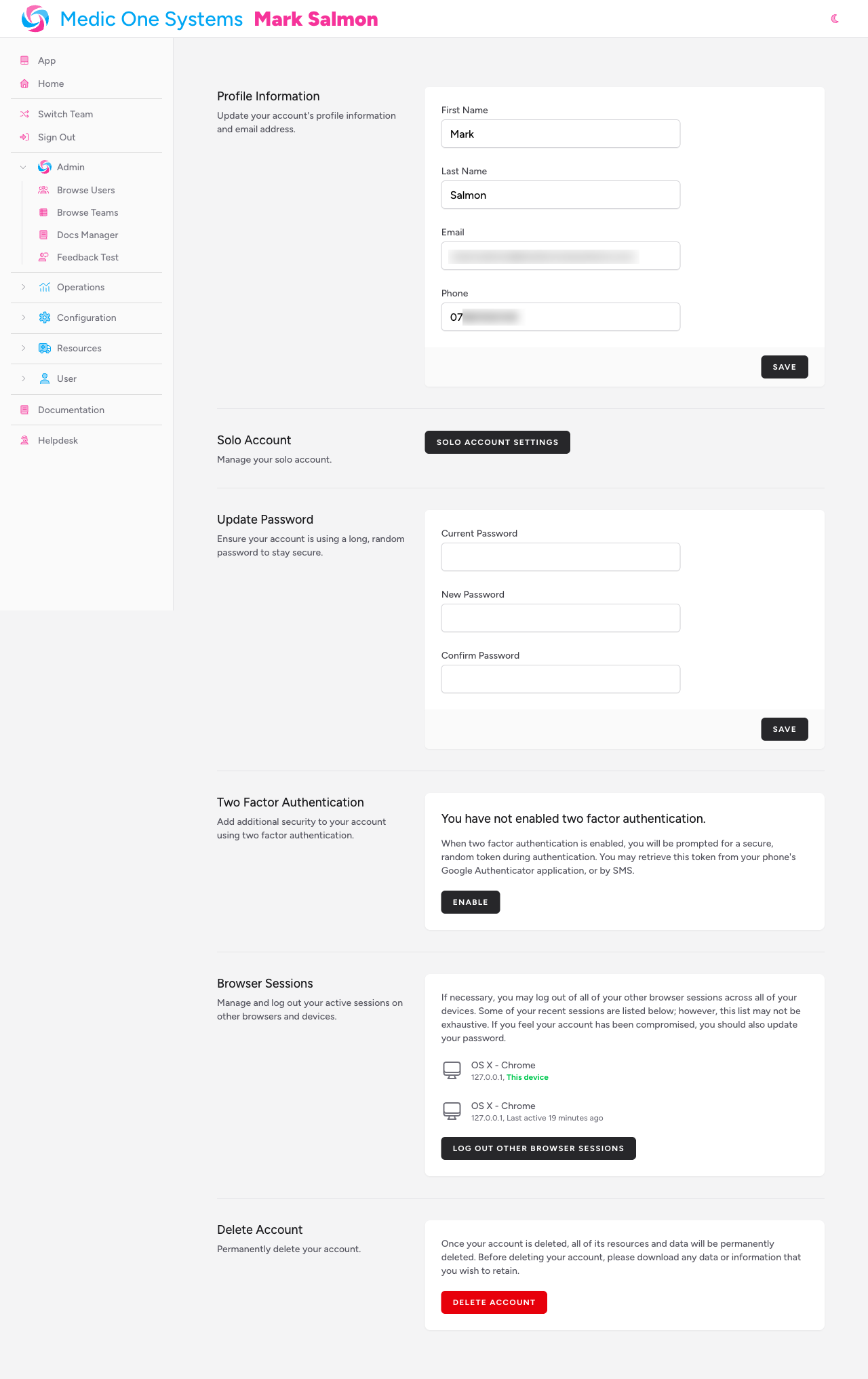 Screenshot: The Profile page showing all five sections stacked vertically — Profile Information at the top, then Update Password, Two Factor Authentication, Browser Sessions, and Delete Account at the bottom