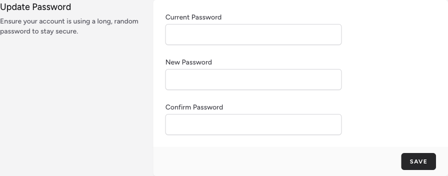 Screenshot: The Update Password section showing three password fields — Current Password, New Password, and Confirm Password — with the Save button