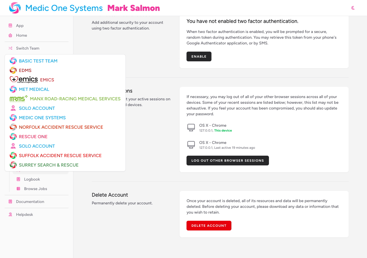 Screenshot: The team switcher dropdown in the navigation showing a list of teams the current user belongs to, with the active team highlighted
