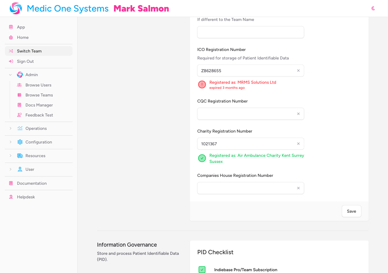 Screenshot: The Team Details section showing the Charity Registration Number field alongside ICO, CQC, and Companies House fields