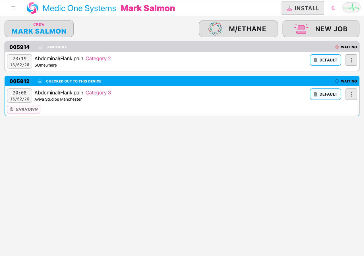 Screenshot: The Jobs home screen with the CREW button at the top left and the New Job button at the top right with a siren icon