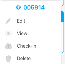 Screenshot: The job card on the Jobs screen showing the three-dot menu open with Check-In, Edit, View, and Delete options
