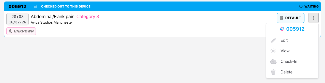 Screenshot: The jobs list with the job card menu open, showing the Check-In option