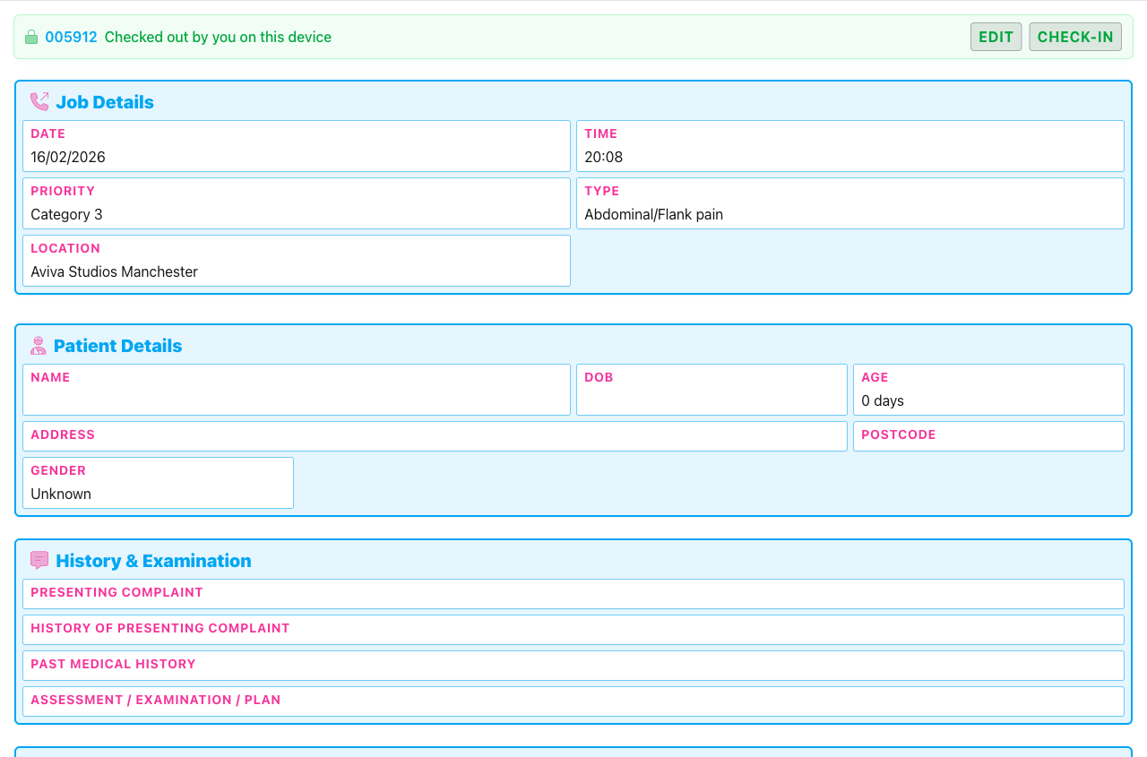 Screenshot: The JobView screen showing the green status banner with the Edit and Check-In buttons