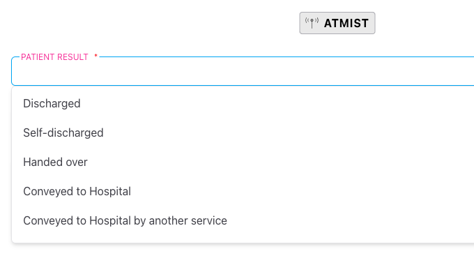 Screenshot: The Patient Result dropdown open, showing the list of outcome options