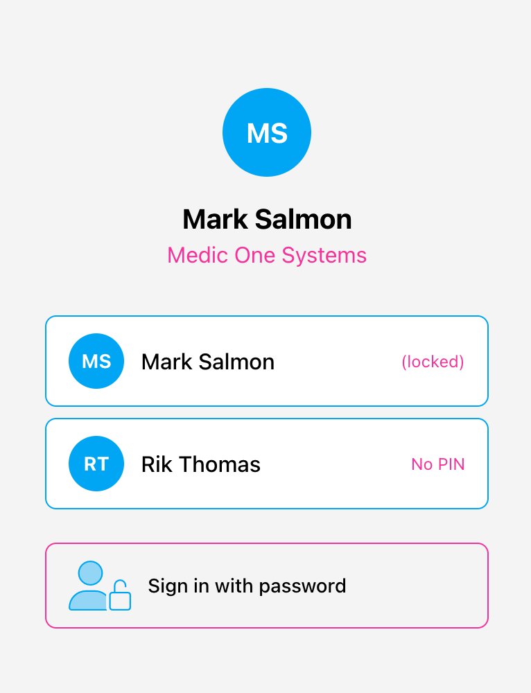 Screenshot: The lock screen showing a list of crew member names with profile photos or initials, each with a 'tap to switch' affordance
