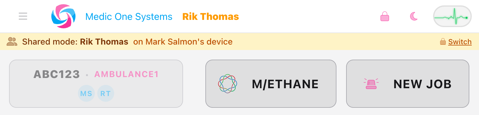 Screenshot: The top menu bar showing the active user's name with a small amber '(switched)' label beside it