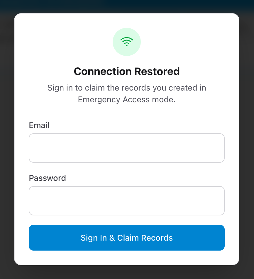 Screenshot: The 'Connection Restored' modal with the green Wi-Fi icon, explanatory text, email and password fields, and the 'Sign In & Claim Records' button