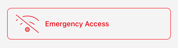 Screenshot: The lock screen showing 'No internet connection' text in red and the 'Emergency Access' button beneath the PIN entry pad