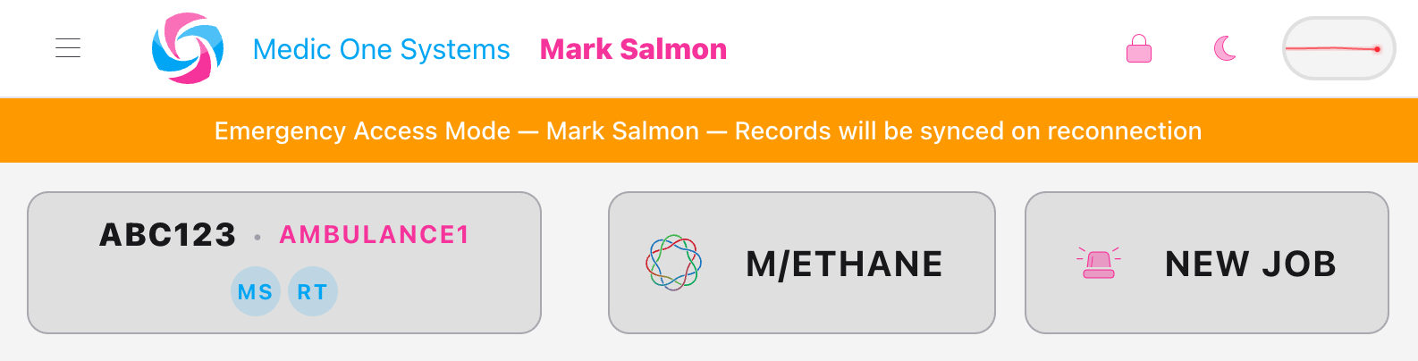Screenshot: The app with the amber 'Emergency Access Mode' banner visible at the top, showing the user's entered name and the sync reminder