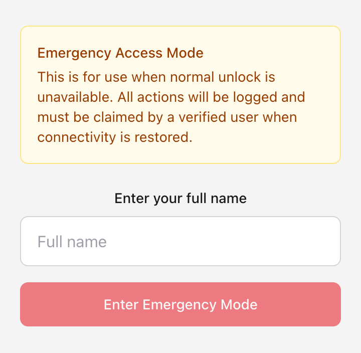 Screenshot: The Emergency Access entry form with the 'Emergency Access Mode' heading, a 'Enter your full name' text field, and the 'Enter Emergency Mode' button
