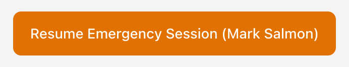 Screenshot: The lock screen in Emergency Access Mode showing the 'Resume Emergency Session (Name)' button with the user's name in brackets