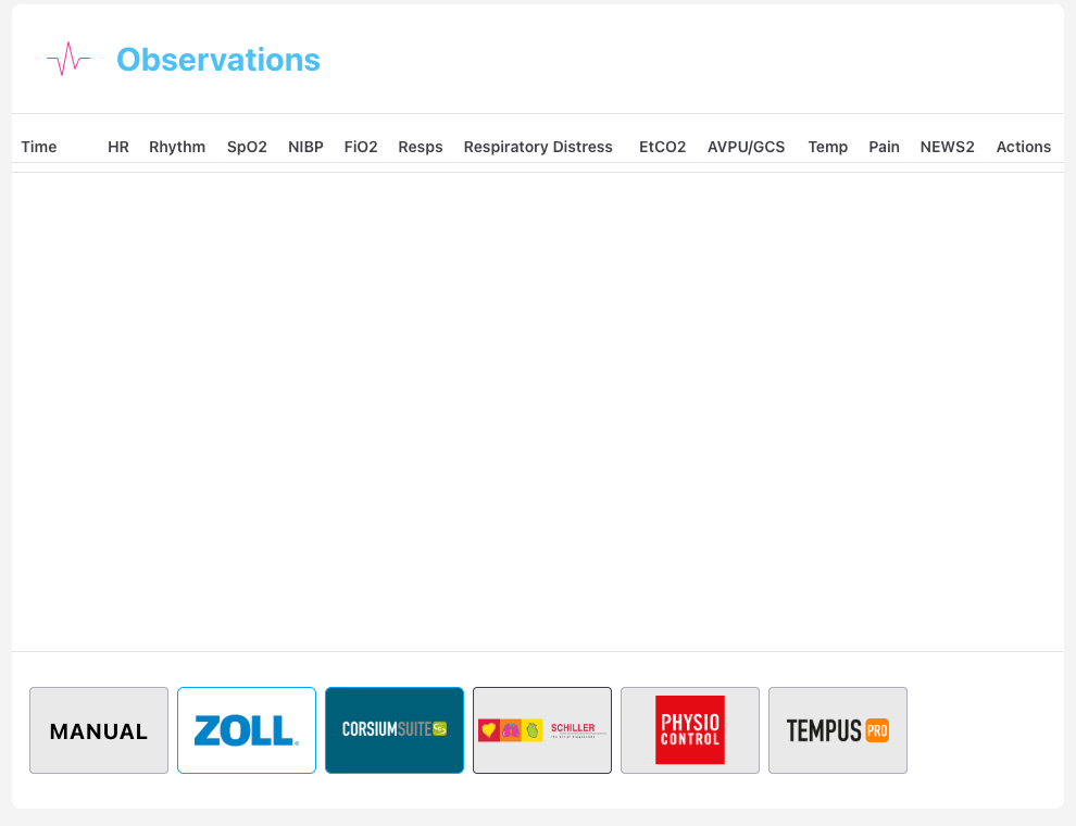 Screenshot: The Observations panel showing the table of recorded observations with columns for Time, HR, SpO2, NIBP, Resps, AVPU/GCS, and the NEWS2 score column, with a Manual button at the bottom