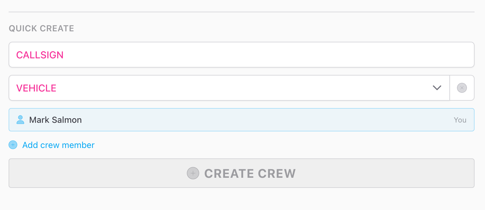 Screenshot: The bottom of the crew picker drawer showing the "Create New Crew" inline form expanded with Callsign and Members fields