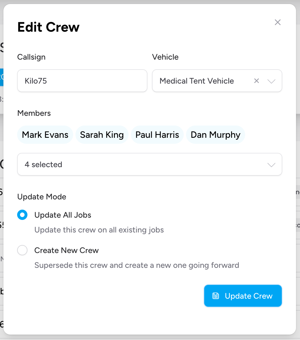 Screenshot: The Edit Crew modal showing the warning banner about assigned jobs, with the "Update All Jobs" and "Create New Crew" buttons visible at the bottom