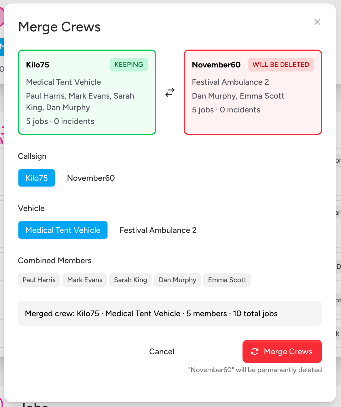 Screenshot: The Merge Crews panel showing the two crew options side by side, with callsign/vehicle selection controls and the combined members list
