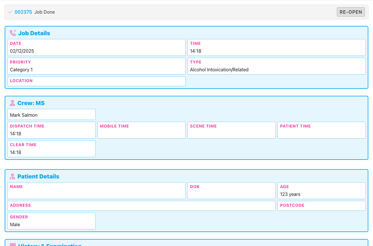 Screenshot: The job view screen for a completed job, showing the 'Job Done' banner with the job's human ID and a Re-open button