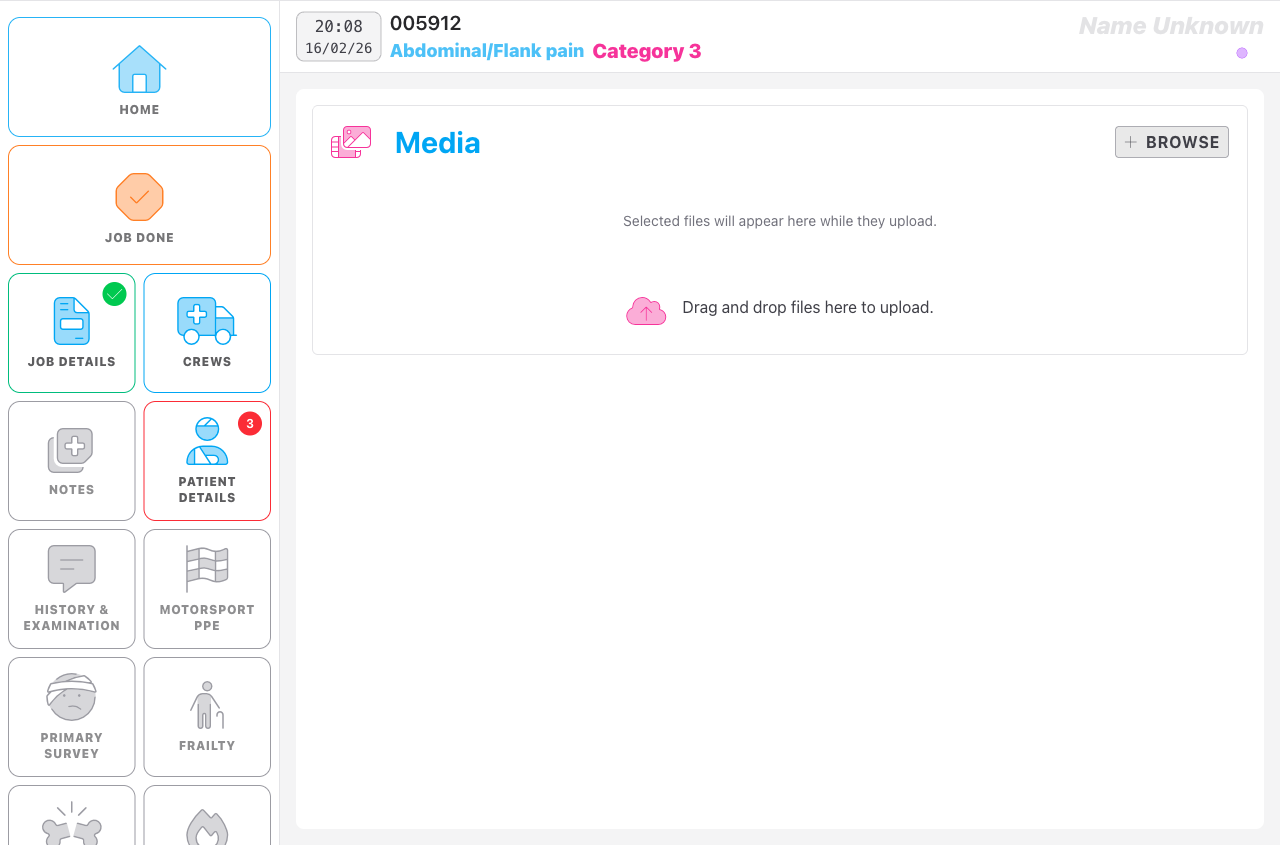 Screenshot: The job edit screen showing the left-hand navigation panel with the Job Done button near the top, and the main content area displaying the current panel