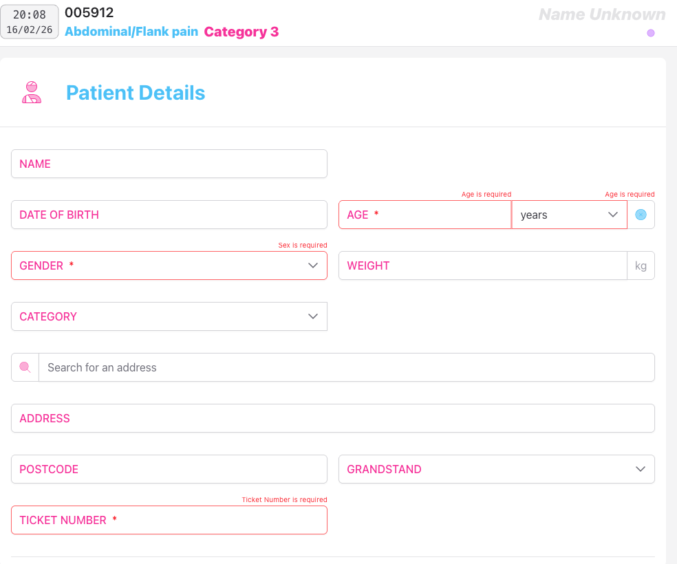 Screenshot: A panel with validation errors shown, with required fields highlighted in red and an error message below each field