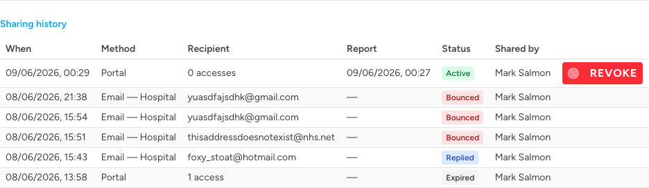 Screenshot: The Sharing history table showing several rows including an Email - Hospital row with status Delivered and an Email - Patient row with status Queued