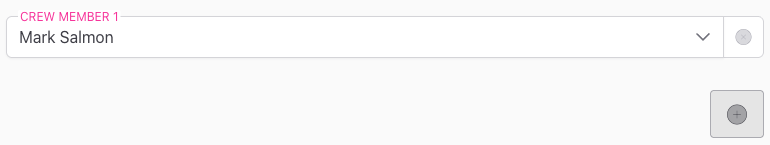 Screenshot: The Edit Crew drawer showing the Crew Member fields, with one member already populated and a second empty slot, plus the + button visible at the bottom right