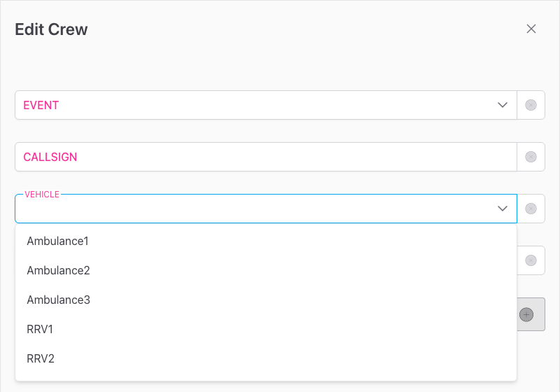 Screenshot: The Edit Crew drawer showing the Event, Callsign, and Vehicle fields filled in, with the Vehicle dropdown open showing a list of team vehicles