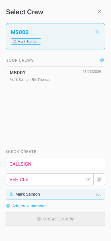 Screenshot: The full Crew Picker drawer showing the Active Crew at the top, the Your Crews section in the middle, and the Quick Create section at the bottom