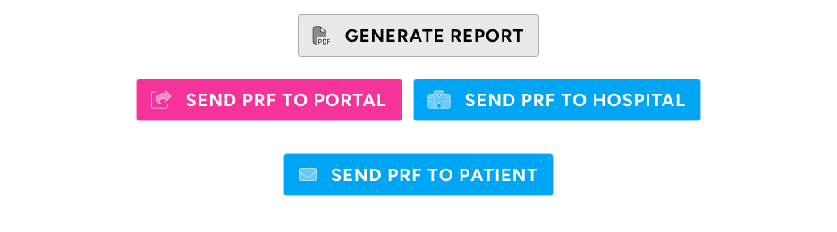 Screenshot: The Patient Reports panel showing the Generate Report button and the Send PRF to Portal, Send PRF to Hospital, and Send PRF to Patient buttons side by side, with an empty report grid below